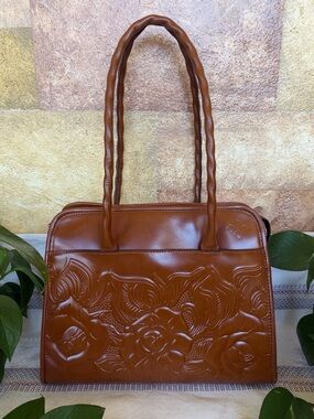 NEW Patricia Nash Paris Large Satchel Leather Crossbody Florence Cognac Handbag